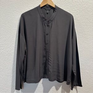Eileen Fisher Minimalist Charcoal Gray Button Down Shirt with Mandarin Collar